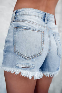 Delia Distressed Raw Hem High Waist Denim Shorts